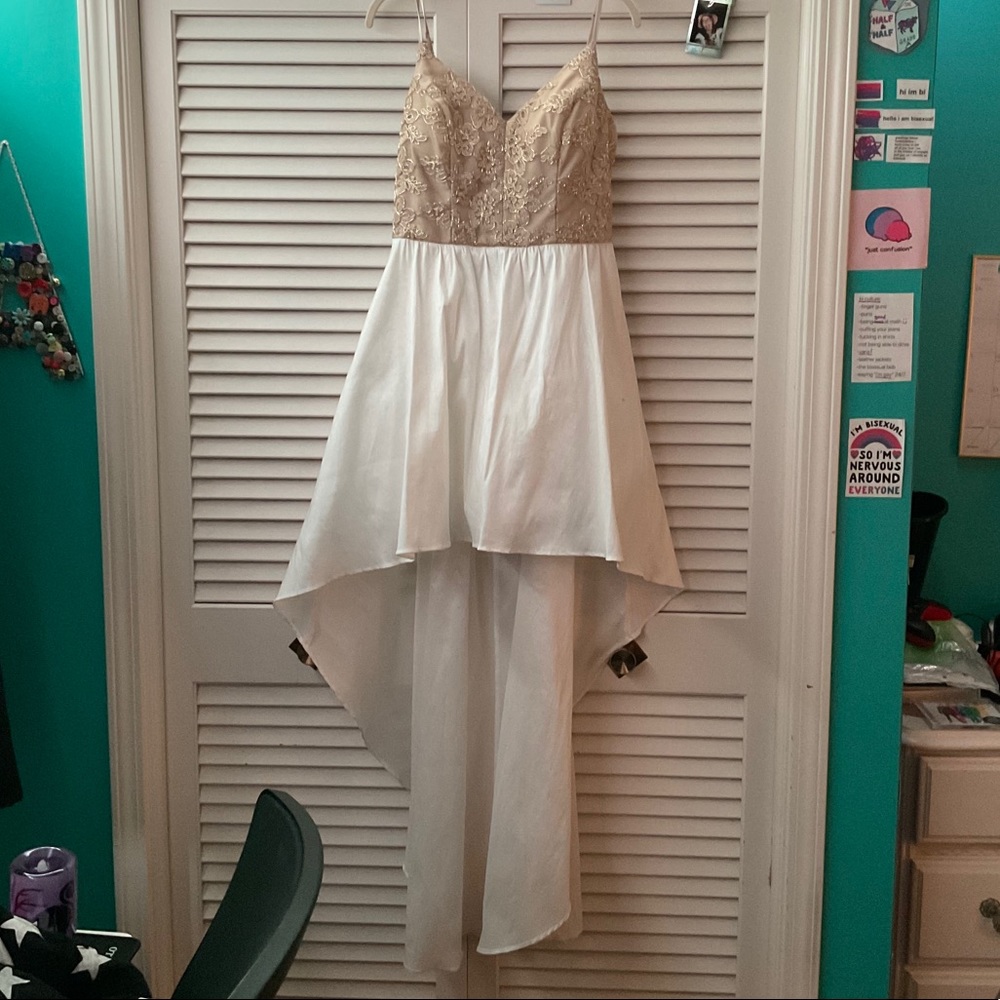 Gold and white high-low formal dress